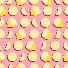 Fruit seamless pattern, lemons with shadow on pink background. Summer vibrant design. Exotic tropical fruit. Colorful vector illustration