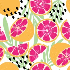 Fruit seamless pattern, grapefruit with tropical leaves and abstract elements on white background. Summer vibrant design. Exotic tropical fruit. Colorful vector illustration