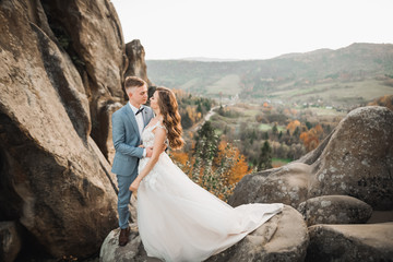 The couple, the bride and groom holding hands in the mountains