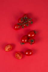 Fresh ripe cherry tomatoes on a branch on a red background, monochrome, trend bright background, top view