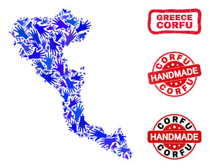Vector handmade composition of Corfu Island map and unclean stamp seals. Mosaic Corfu Island map is designed with random blue hands. Rounded and rough red seals with corroded rubber texture.