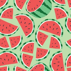 Keuken foto achterwand Watermeloen Fruit naadloos patroon, watermeloen op lichtgroene achtergrond. Zomers levendig ontwerp. Exotisch tropisch fruit. Kleurrijke vectorillustratie