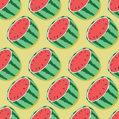 Fruit seamless pattern, watermelon halves with shadow on mint green background. Summer vibrant design. Exotic tropical fruit. Colorful vector illustration
