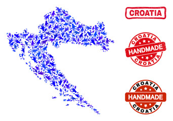 Vector handmade collage of Croatia map and rubber stamps. Mosaic Croatia map is made with randomized blue hands. Rounded and crooked red stamp imprints with distress rubber texture.