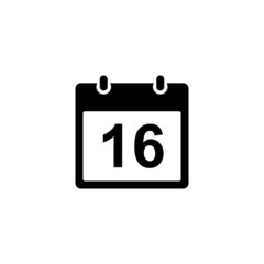 Calendar icon - day 16. Simple black glyph date silhouette for web design, user interface, events, appointments, meetings.