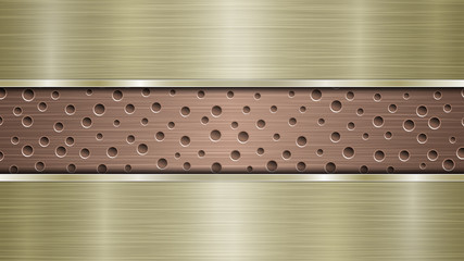Background of bronze perforated metallic surface with holes and two horizontal golden polished plates with a metal texture, glares and shiny edges