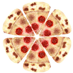 Watercolor illustration with various types of fresh pizza. Ingredients in detail
