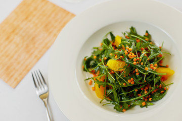 salad of arugula, orange fillet and lentils on a white plate