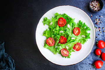 salad vegetables, lettuce and tomato Menu concept healthy eating. food background top view copy space for text healthy eating table setting keto or paleo diet organic