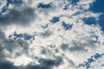 Blue sky with beautiful fluffy white clouds. The mood of happiness, love and delight. Great background for any design. Place for text and any items.