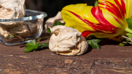 coffee meringues on a wooden table in the garden next to a bouquet of bright flowers