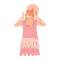 Depressed headache young girl crying covering her head with her hands. Weeping woman emotions grief. Human character vector illustration isolated from white background