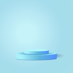 Studio template and a blue round pedestal on a light blue background. Empty studio podium for product advertising. Vector illustration.