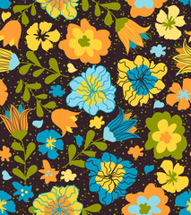 Colorful seamless pattern with pretty flowers, leaves and floral elements. Cute floral design for fabric, wallpaper, surface decoration and more