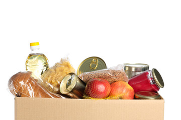 Donation box isolated on white background. Paper box with food