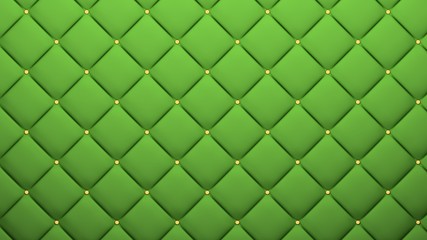 Fototapeta na wymiar Leather upholstery pattern texture with golden buttons for pattern and background. Green color. 3D-rendering.