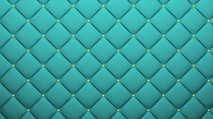 Leather upholstery pattern texture with golden buttons for pattern and background. Blue color. 3D-rendering.