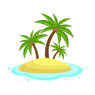 Tropical island with palm trees, sand and water. Flat design, vector.