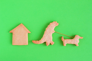 Homemade shortbread cookies on green background, top view. Dinosaur is walking with dog near house.