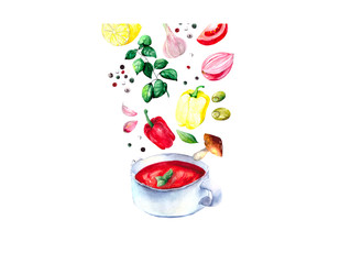 Botanical composition with vegetables and spices on the theme of recipes, food preparation and healthy nutrition. Watercolor illustration of a Cup of soup and its ingredients: tomatoes, onions, garlic