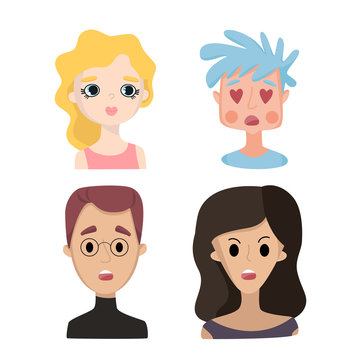 A set of four different human faces, male and female. Two guys and two girls have different emotions.