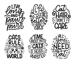 Set with funny lettering quotes about cats for print in hand drawn style. Creative typography slogans design for posters. Cartoon vector illustration.