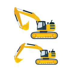 Excavator. Heavy excavator on caterpillar base. Flat style construction machines icons. Vector illustrations set.