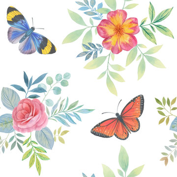 Watercolor painting set of flowers leaves and butterflies isolated on a white background. Hand draw watercolor illustration. Design element. Elegant butterflies, flowers, leaves. art design.