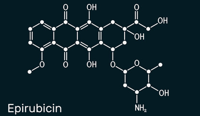 Epirubicin molecule. It is anthracycline drug for chemotherapy. Skeletal chemical formula on the dark blue background