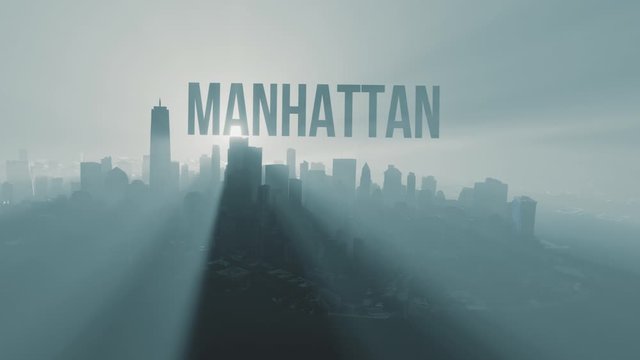Skyline of Manhattan island, New York City, USA, minimal animation of skyscrapers at foggy morning with title, aerial view. 