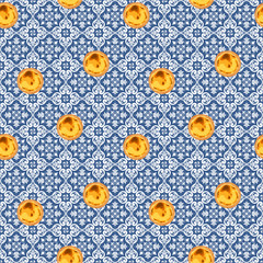Portuguese custard tart - pastel de nata on ornate ceramic azulejo tiles. Traditional portuguese pastry created in Lisbon.
Seamless pattern. Vector illustration. - 351006088