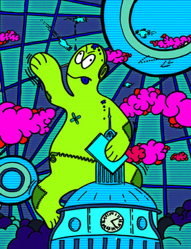 Illustration in green, blue and pink of alternative gorilla emulating king kong in the mythical scene where he climbs the iconic New York skyscraper empire state. 