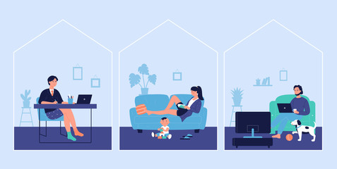 Stay at home for work and hobby activity concept vector illustration. Cartoon flat happy businessman working in home office, mother reading book while kid plays with toys, active man surfing internet