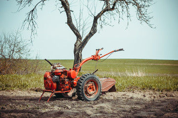 A small hand tractor, walk-behind tractor, plows the land. Work on the field. The concept of...