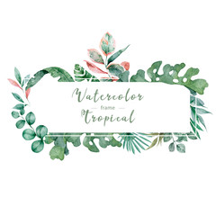 Hand drawn watercolor tropical banner with jungle leaves. Exotic leaves illustrations horizontal frame, jungle tree, brazil trendy. Perfect for design.