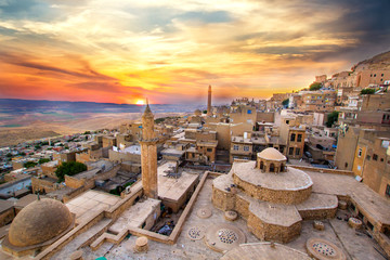 Mardin landscape beautiful sunset with clouds Turkey. With minarets is best touristic destination of Mardin. 