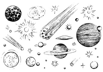 Hand drawn vector illustration set. Ink sketch of space objects. Collection of comets, planets, stars, asteroids. Black outline elements isolated on white. For design prints, poster, decor, cards etc © Olga Sayuk