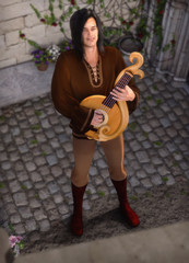 Attractive streetlife entertainer Troubadour playing a guitar for his love