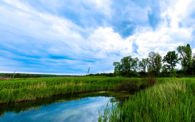Fototapeta na wymiar Landscape of a small pond during a cloudy sunset, panorama of the nature of the country