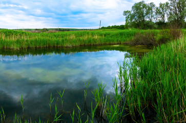 Obraz premium Landscape of a small pond during a cloudy sunset, panorama of the nature of the country