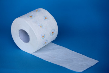 Toilettenpapier Rolle mit Muster aus Blumen vor blauem Hintergrund