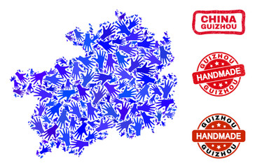 Vector handmade combination of Guizhou Province map and corroded seals. Mosaic Guizhou Province map is composed with randomized blue hands. Rounded and crooked red seals with corroded rubber texture.