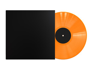 Orange Vinyl Disc Mock Up. Vintage LP Vinyl Record with Black Cover Sleeve and Label Isolated on White Background. 3D Render.