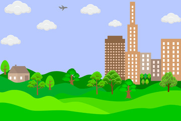 City landscape with buildings, hills plane and trees Abstract horizontal banner and background with copy space for text. Vector illustration