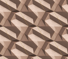 3d architecture wallpaper of geometry waves tiles, brown metal modules with golden frayed edges. High quality seamless realistic texture.