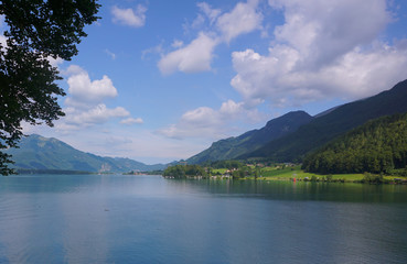 Scenic view of lake by trees against sky