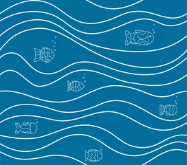 Wall murals Sea waves Seamless blue pattern with drawn white fish and waves. Vector abstract marine background. Simple wallpaper, texture, tile.