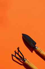 Garden small shovel and rake to care for plants on an orange background in the bottom right corner as a frame to copy the space