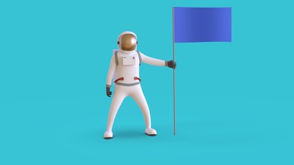 3d render of astronaut character in spacesuit stands with flag