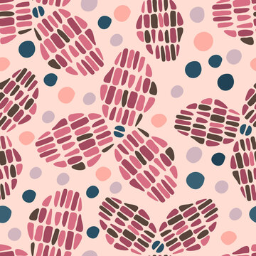 Modern seamless stylised design vector pattern with abstract egg forms in different pink tones . Can be used for printing on paper, stickers, badges, bijouterie, cards, textiles. 